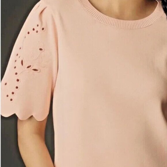 Maeve Anthropologie Scalloped Twofer Short Sleeve Sweater Tee Boxy Feminine L - Picture 2 of 9